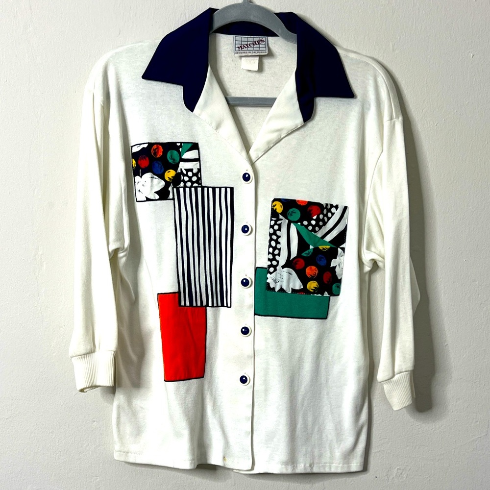 Vintage MATCHES Button-Front Art-Patch Cardigan • Size 14 • USA